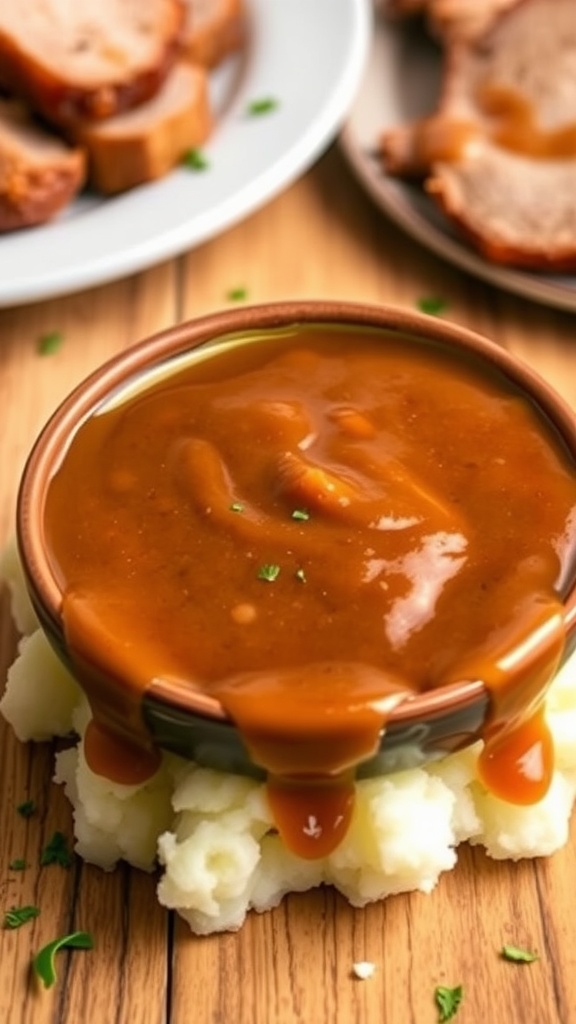A bowl of savory pork gravy over mashed potatoes, garnished with herbs, on a wooden table.